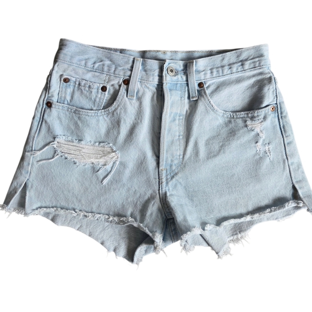 Levis Big E 501 Light Blue Distressed Denim Shorts 26